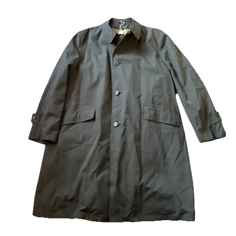 Vintage 60s 70s Black Trench Coat Long Length Dacron Cotton Raincoat 46 Long NEW